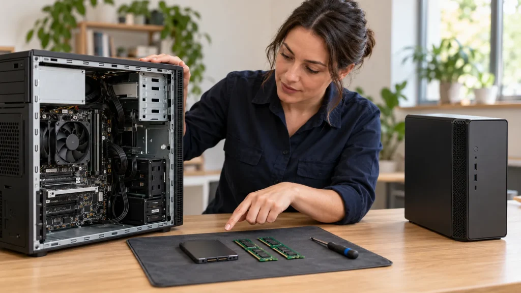 Technician assessing SSD and RAM upgrades beside two desktop PCs.