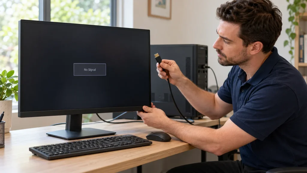 Technician checking a cable beside a monitor showing “No Signal”.