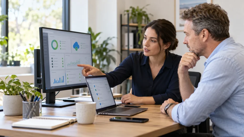 IT technician reviewing a monitoring dashboard with a client.