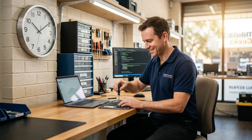 Technician performing computer repair diagnostic and hardware service in a modern workshop with repair duration clock.