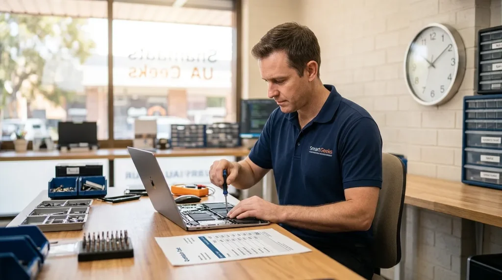 Professional technician servicing an opened laptop on a workbench with price quote documents representing computer repair costs in Australia.